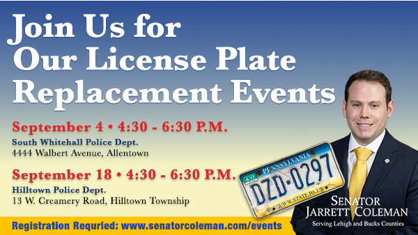Coleman to Host License Plate Replacement Event Sept. 18 in Bucks County
