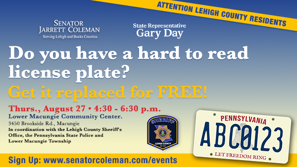Coleman, Day to Host Hard-to-Read License Plate Event on Aug. 27