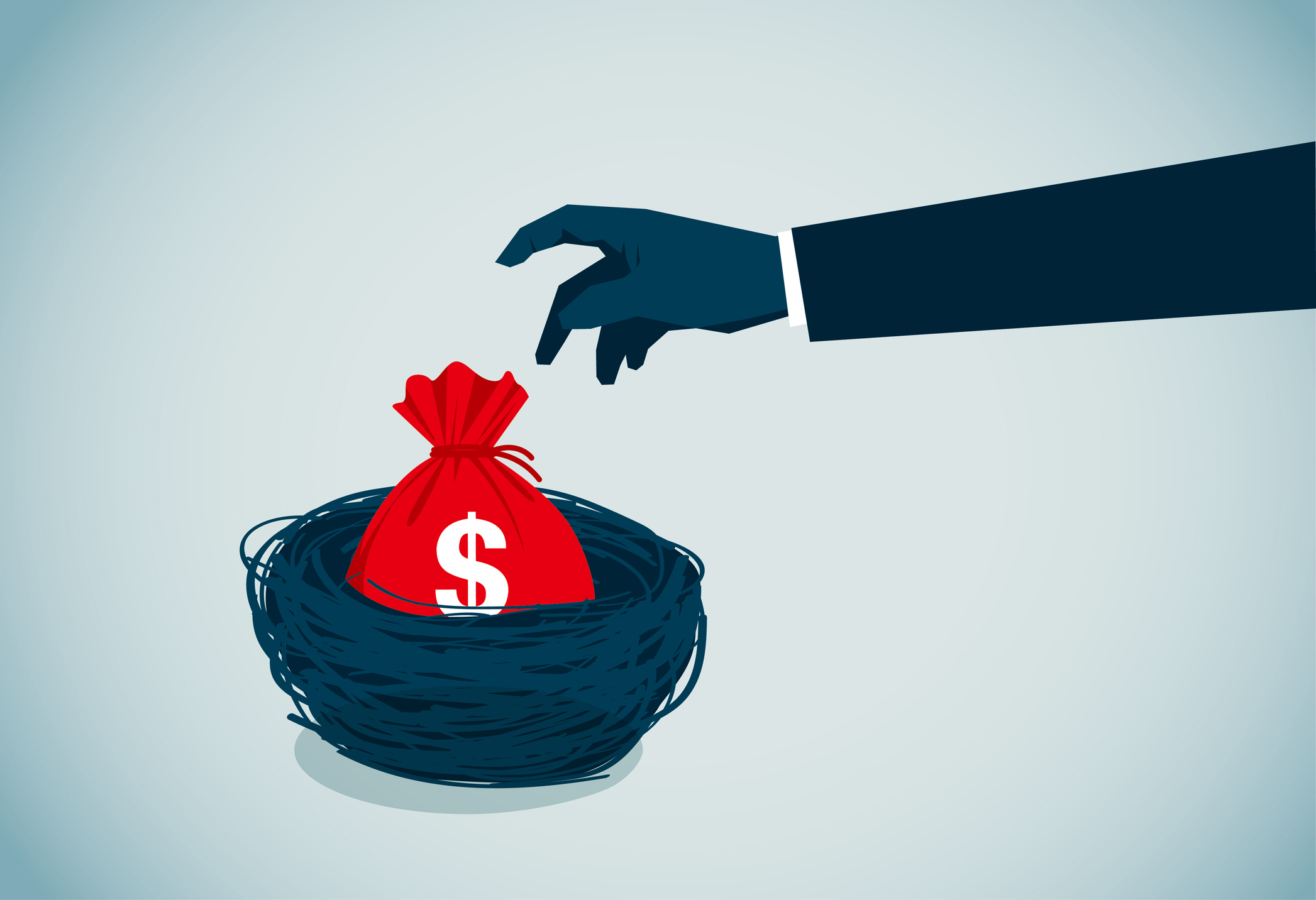money bag in a birds nest with a hand reaching for it